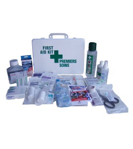 Chemical burn first aid kit with 31 types of items, in plastic case.