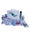 Chemical burn first aid kit with 31 types of items, in plastic case.