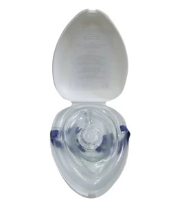 Resuscitation (CPR) mask with one-way valve and rigid case.