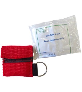 Disposable CPR facial shield with valve, in mini-pouch with key ring.