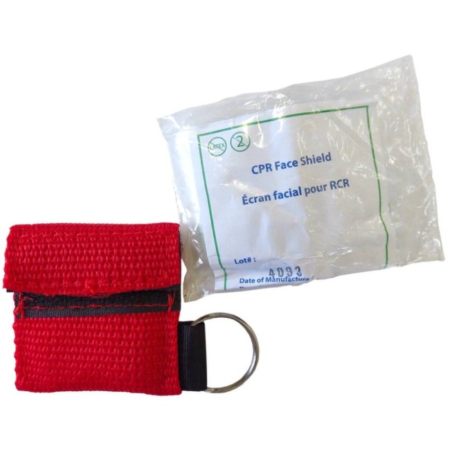 Disposable CPR facial shield with valve, in mini-pouch with key ring.