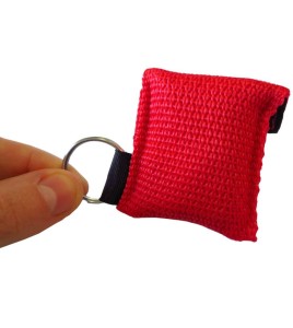 Disposable CPR facial shield with valve, in mini-pouch with key ring.