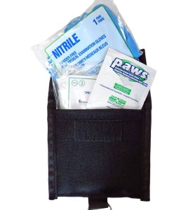 CPR kit (facial shield, gloves, towelette) in a belt pouch with key ring.