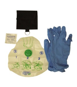 CPR kit (facial shield, gloves, towelette) in a belt pouch with key ring.