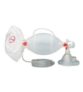 Resuscitator with facial mask, hand pump, inflatable bag and patient connector tube.