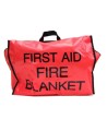 Fireproof gray wool blanket in red nylon carry bag with English label.