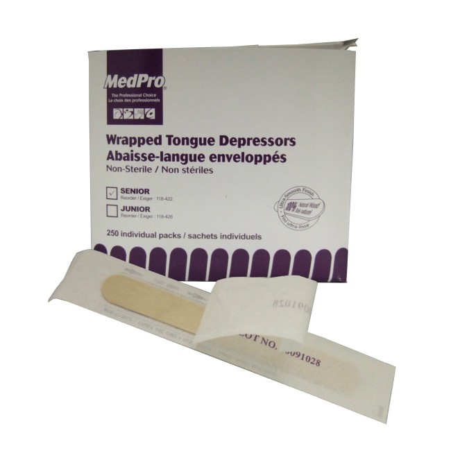 Non-sterile wooden tongue depressors, wrapped individually, 250/box.