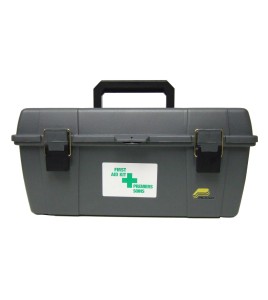 Utility first aid box in black high-impact plastic.