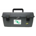 Utility first aid box in black high-impact plastic.