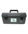 Utility first aid box in black high-impact plastic.