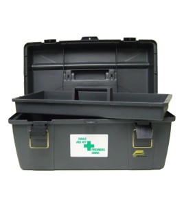 Utility first aid box in black high-impact plastic.