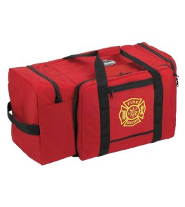 Large heavy-duty gear and storage bag made of red polyester, 4 compartments, with removable shoulder straps.