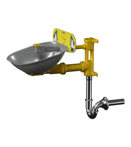 Bradley wall-mounted Halo eye wash with stainless steel bowl, tailpiece and P-trap, certified ANSI Z358.1-2009.