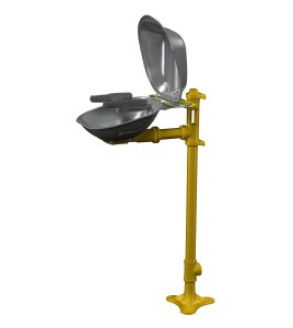 Bradley pedestal Halo eye wash with yellow plastic bowl and clear dust cover, certified ANSI Z358.1-2009.