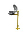 Bradley pedestal Halo eye wash with yellow plastic bowl and clear dust cover, certified ANSI Z358.1-2009.