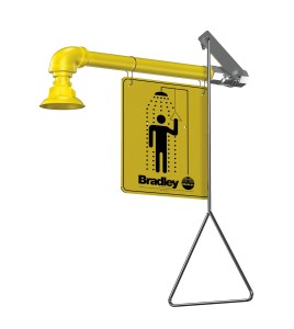 Bradley wall-mounted emergency safety shower, with horizontal water supply and plastic showerhead, certified ANSI Z358.1-2009.