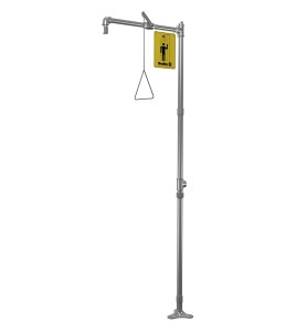 Bradley floor-mounted emergency safety shower made of stainless steel, certified ANSI Z358.1-2009.