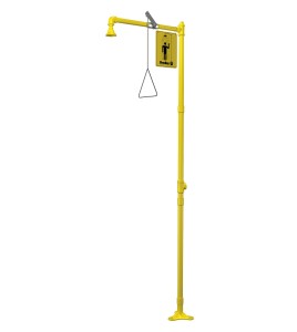 Bradley floor-mounted emergency safety shower with yellow plastic showerhead, certified ANSI Z358.1-2009.