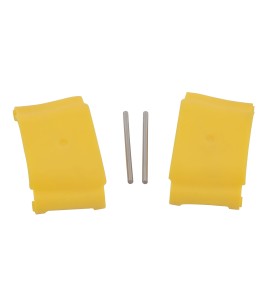 Yellow plastic fly-away sprayhead caps for Bradley Halo eye wash stations.