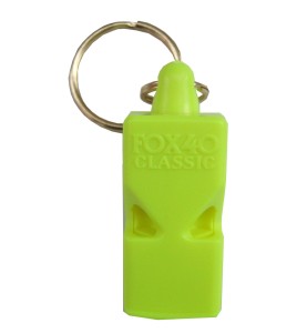 Plastic whistle marine style. Offered as equipment during emergency evacuation. 