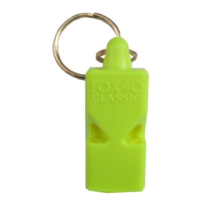 Plastic whistle marine style. Offered as equipment during emergency evacuation. 