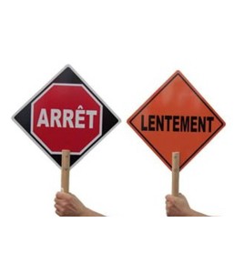 French ARRÊT / LENTEMENT (STOP / SLOW) traffic control paddle for school crossing guard, 12 inches x 12 inches.