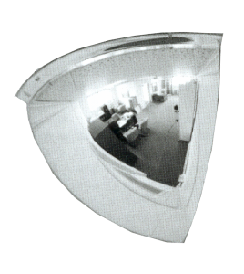 Acrylic quarter dome convex mirror, for installation indoors in a 90-degree corner.