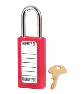 Non-conductive red padlock with Xenex® lock body ,high security, 6-pin tumbler cylinder, compliance with OSHA.