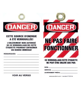 Plastic french tags Verrouillé ne pas faire fonctionner (locked do not operate). Pack of 5 units. 