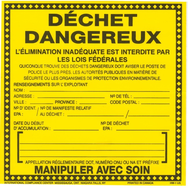 Étiquette collante subsidiaire en vinyle pour identifier les déchets dangereux. Facilite le transport sécuritaire. 15cm x 15cm.