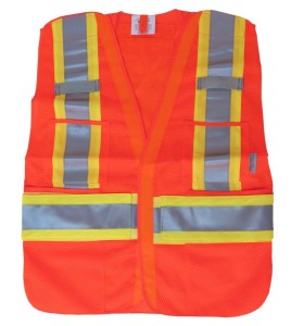 Fluorescent orange safety vest, adjustable M-XXL, CSA Z96 class 2, 100% polyester, 4 pockets.