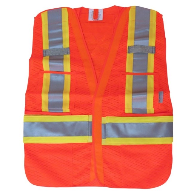 Fluorescent orange safety vest, adjustable M-XXL, CSA Z96 class 2, 100% polyester, 4 pockets.