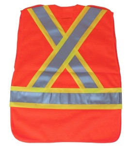 Fluorescent orange safety vest, adjustable M-XXL, CSA Z96 class 2, 100% polyester, 4 pockets.