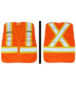 Fluorescent orange safety vest, adjustable M-XXL, CSA Z96 class 2, 100% polyester, 4 pockets.