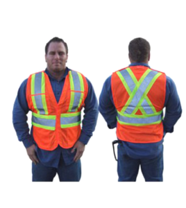 Fluorescent orange safety vest, adjustable M-XXL, CSA Z96 class 2, 100% polyester, 4 pockets.