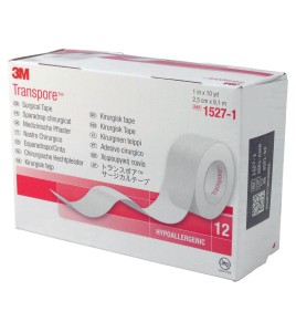 Transpore breathable hypoallergenic adhesive tape. Dimensions: 1-in. x 30-ft./2.5 cm x 9 m