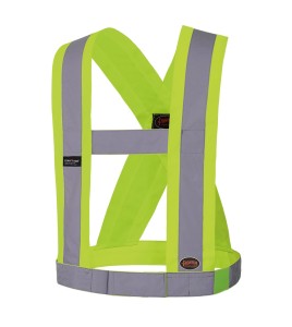 Hi-viz traffic sash, fluorescent yellow with retroreflective stripes, CSA Z96-15 class 1 level 2.