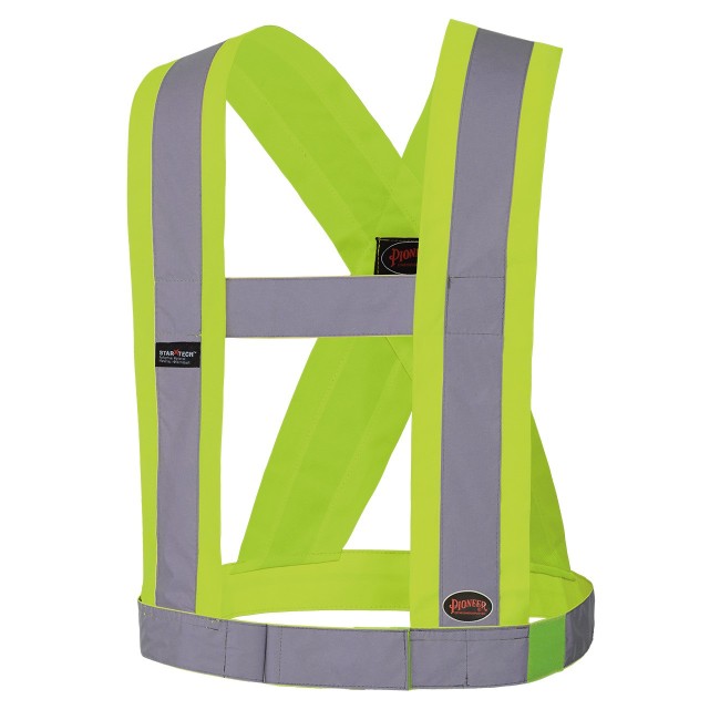 Hi-viz traffic sash, fluorescent yellow with retroreflective stripes, CSA Z96-15 class 1 level 2.