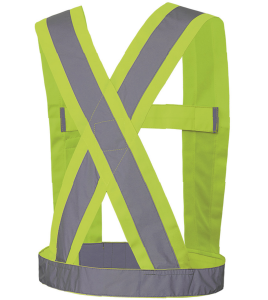 Hi-viz traffic sash, fluorescent yellow with retroreflective stripes, CSA Z96-15 class 1 level 2.