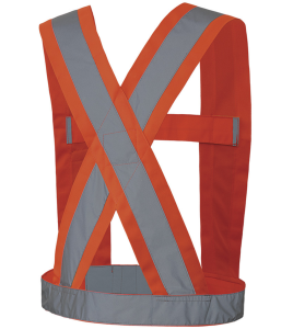 Hi-viz traffic sash, fluorescent orange with retroreflective stripes, CSA Z96-15 class 1 level 2.