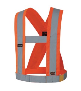 Hi-viz traffic sash, fluorescent orange with retroreflective stripes, CSA Z96-15 class 1 level 2.