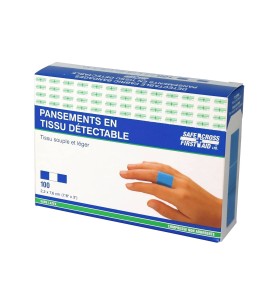 Elastic blue plastic detectable bandages, 2.2 x 7.5 cm (3/8 x 3 in), 100/box.