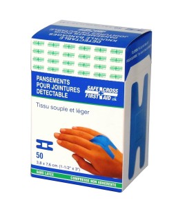 Blue fabric detectable bandages for knuckles, 3.8 x 7.5 cm (1.5 x 3 in), 50/box.