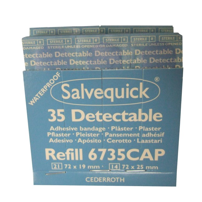 Refill 35 detectable blue plastic adhesive bandages for "Salvequick" bandage distributor (PS120).