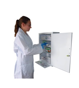 Wall-mounted metal first aid cabinet with solid door panel and lock with 2 keys.