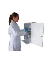 Wall-mounted metal first aid cabinet with solid door panel and lock with 2 keys.