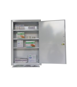 Wall-mounted metal first aid cabinet with solid door panel and lock with 2 keys.