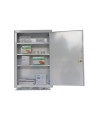 Wall-mounted metal first aid cabinet with solid door panel and lock with 2 keys.