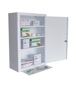 Wall-mounted metal first aid cabinet with solid door panel and lock with 2 keys.