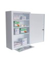 Wall-mounted metal first aid cabinet with solid door panel and lock with 2 keys.